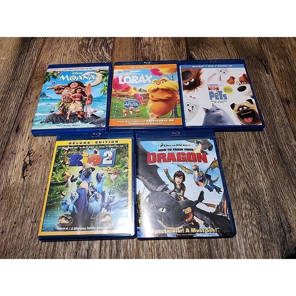 Kids Blu Ray Lot of 5 Moana Secret Life of Pets Ice Age Lorax Train Your Dragon